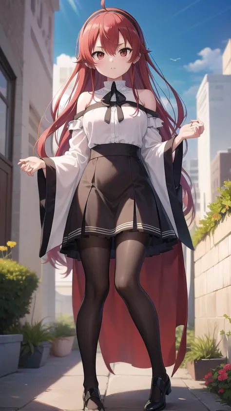 Masterpieces, Best Quality, girl, looking at viewer, eris greyrat, ahoge, hair between eyes, long hair, (red eyes:1.5), red hair, sidelocks, large breasts, BREAK black hairband, black ribbon, brown skirt, hairband, long sleeves, neck ribbon, pantyhose, rib...