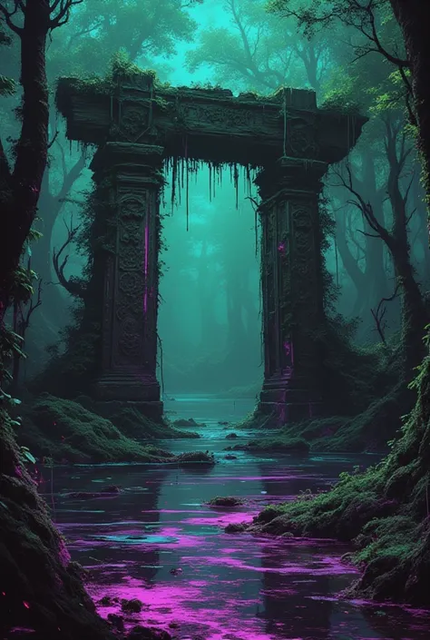 dark, psychedelic swamp with a wooden portal in the center