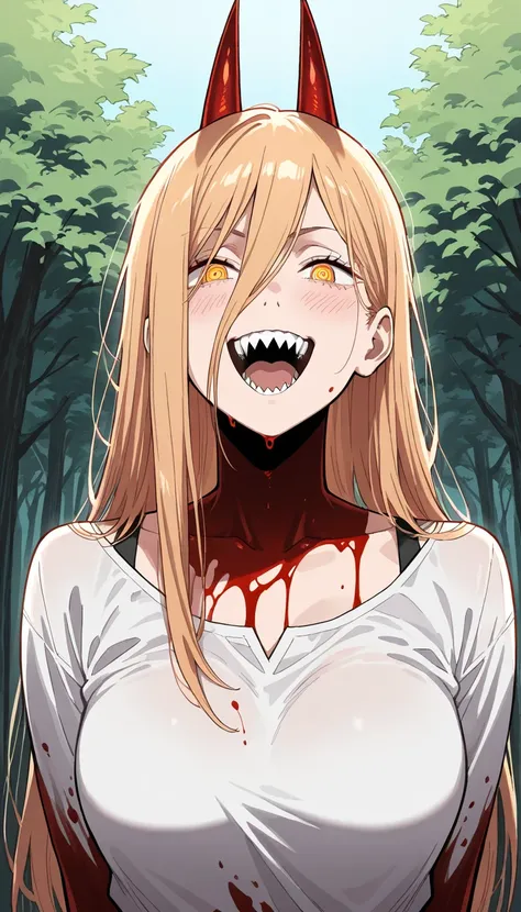 high resolution picture, masterpiece, best quality, amazing quality, Chainsaw-man, solo, 1girl, Power, blood devil, yellow eyes, blonde, long straight hair, red horns, sharp teeth, laughing, outdoors, 
