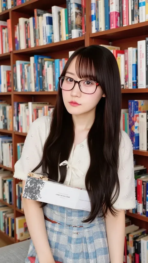 A beautiful young woman with rectangular glasses, long straight black hair, and a confident expression. She is wearing a white blouse and a checkered blazer, holding a book while standing in an old library with towering bookshelves. Style: intellectual, cl...