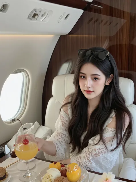 /imagine prompt: Inside a luxurious private jet, a young woman with long, wavy black hair cascading gracefully over her shoulders. Her hairstyle is soft and voluminous, styled with a natural elegance. She wears oversized black sunglasses with gold accents ...