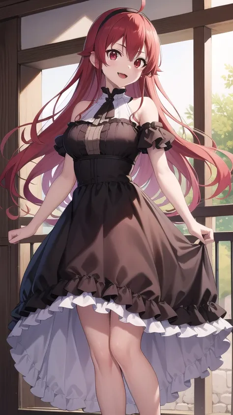 Masterpieces, Best Quality, girl, looking at viewer, eris greyrat, ahoge, hair between eyes, long hair, (red eyes:1.5), red hair, sidelocks, black hairband, black ribbon, large breasts, princess connect Re:Dive cosplay, princess Dress, standing, smile, ope...