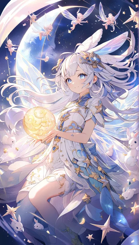 fairy, highly detailed face, highest quality, masterpiece, official art, full HD, CG, high resolution, golden ratio, dramatic lighting, best lighting, crescent moon, stars, meteor shower, starry sky, star fairy, milky white hair, absurd, fantasy, diamond d...