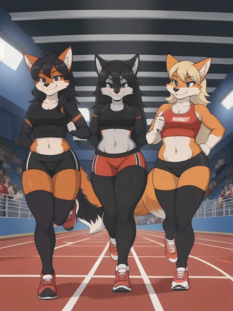 Furry, fox, wolf, girls, female, friends, trio, competition, black shirt, black spandex bike shorts, shoes, indoor running track, competition, full body