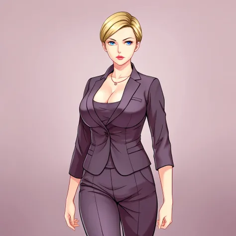 T-XSDXL,solo,1girl,short hair,blue eyes,blonde hair,cleavage,jewelry,jacket,pants,necklace,lips,formal,suit,lipstick,large breasts,