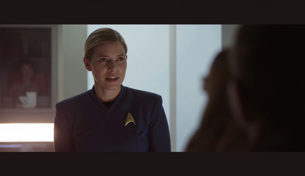 A blond woman in white starship. The woman is wearing a blue Star Trek SNW uniform.