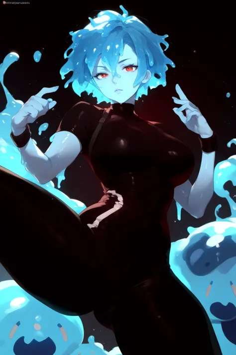 Slime woman, blue skin, blue hair, short hair, red eyes,Black wristband, black bodysuit, black pants 