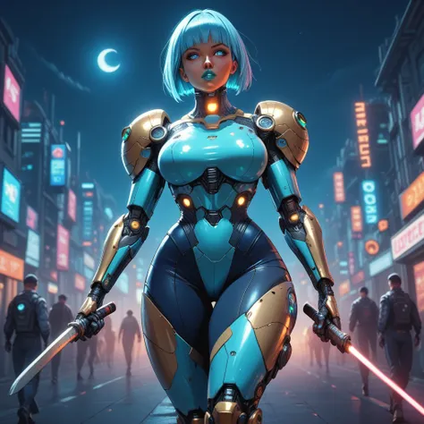 Combat Gynoid with neon pink bob cut hair, curvaceous figure with a narrow waist and wide hips, dark skin, glowing blue eyes, wearing bright cyan lipstick, clad in high-tech golden roman style armor, blue and gold body suit with silver accents worn underne...