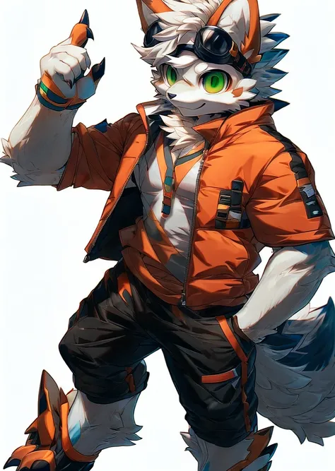  in high definitio, realistic, furry male, score_9, score_8_up, score_7_up, furry dragon, body paint, visor, full body, muscular body, paws, spiky, white fur, extremely long 4 ears, goggles, fluffy hair, bangs, kemono, bandaid,white hair,green eyes, bennet...