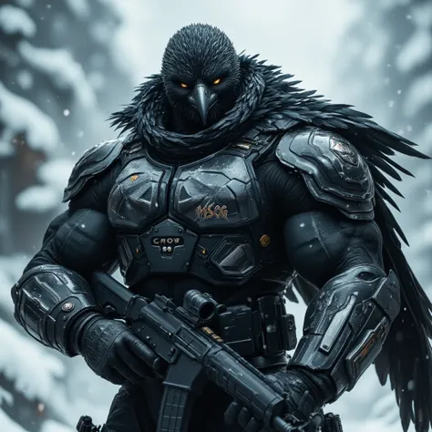  Include a muscular spec ops black feathered Crow. Donned in modern tactical armor. Include the name "MSOG" on uniform shoulder. Include the name "Crow" on armor. Intimidating dynamic pose. A sinister smug look. Belt fed machine gun rested on his shoulder....