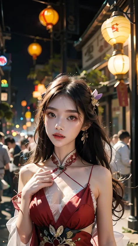 night，Lunar New Year Festival，Snake Lantern ， A Chinese Woman，long hair,  delicate cheeks ， Eyebrow Makeup ，headgear,  Earrings, Chest, Beautiful design with red fairy dress ， gold pansy，手持Snake Lantern ，