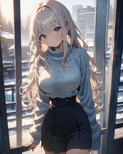 (( top quality))、(( Masterpiece))、(( Hi-Res))、((8k))、((Beautiful girl anime))、(( anime style)) 、((cold))、((A cold look))、朝はcold、 the temperature is low、((Winter Morning))、 super cute、 girl、 medium big breasts、 thin waist、 Medium Shot、(( cowboy shot at scho...