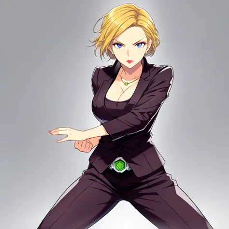 ((​masterpiece))、(( top quality))、T-XSDXL,Alone, 1girl ,short hair,blue eyes,blonde hair,cleavage,jewelry,jacket,pants,necklace,lips,formal,suit,lipstick,large breasts,henshin pose,Rider Belt