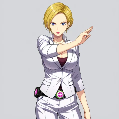 ((​masterpiece))、(( top quality))、T-XSDXL,Alone, 1girl ,short hair,blue eyes,blonde hair,cleavage,jewelry,jacket,pants,necklace,lips,formal,suit,lipstick,large breasts,henshin pose,Rider Belt