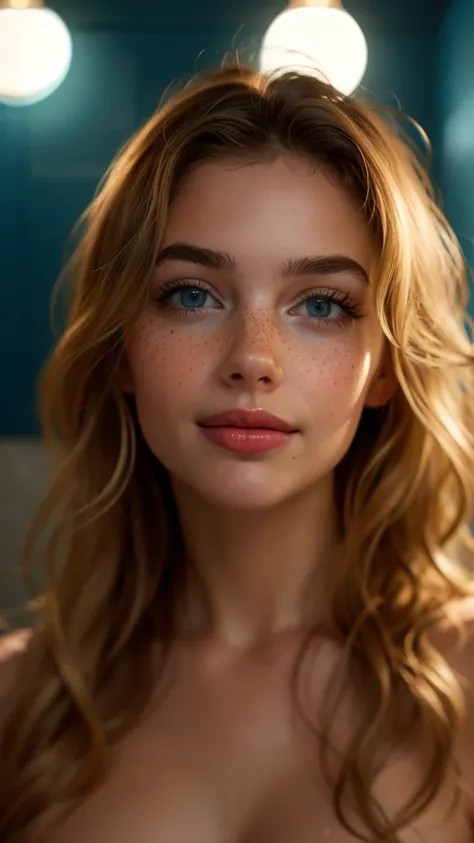 Ultra-realistic full-face photorealistic image of a naked goddess with a beautiful face and deep blue eyes that captivate anyone who meets them. Her wavy blonde hair falls gracefully over her shoulders, framing your face with elegance. Full, luscious lips ...