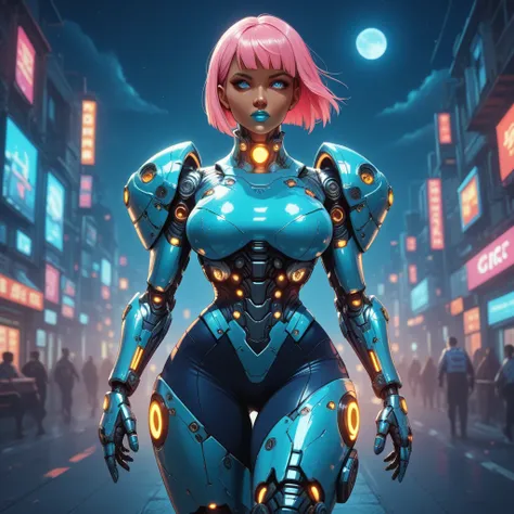 Combat Gynoid, bob cut neon pink hair, curvaceous figure with a narrow waist and wide hips, dark skin, glowing blue eyes, wearing bright cyan lipstick, clad in high-tech golden roman style armor, blue and gold body suit with silver accents worn underneath ...