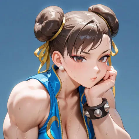 ,1 ,  high resolution,  masterpiece,  better quality,  Chun Li With Blue Clothes Jacket ,Chun Li Big Body Sexy Chun Li Street Fighter,  sweating 