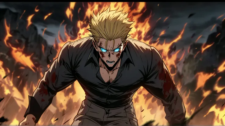 anime art style: Jujutsu kaisen
final boss scene,
rage mod,
blood,
roar,
aura,
fire,
demon form,
injured,

suffering

monsters background

his eyes glow in the dark

evening,
Blurred background,

blonde short hair,
Slick back hair,
blue eyed age boy, old m...