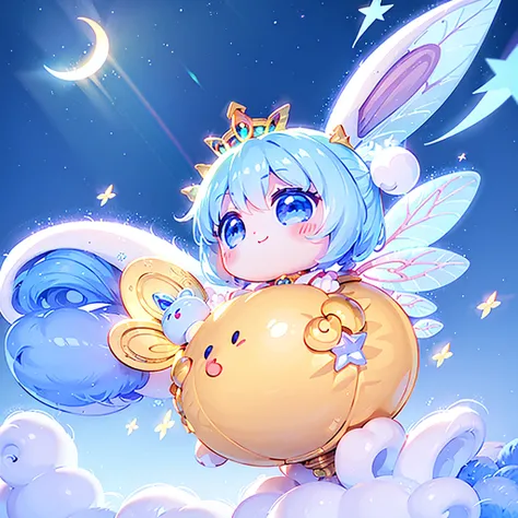 fairy, highly detailed face, highest quality, masterpiece, official art, full HD, CG, high resolution, golden ratio, dramatic lighting, best lighting, crescent moon, stars, meteor shower, starry sky, star fairy, milky white hair, absurd, fantasy, diamond d...