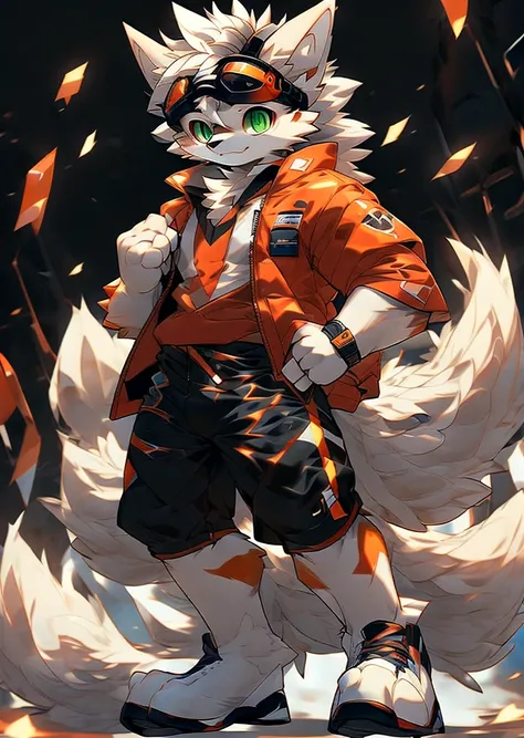  in high definitio, realistic, furry male, score_9, score_8_up, score_7_up, furry dragon, body paint, visor, full body, muscular body, paws, spiky, white fur, extremely long 4 ears, goggles, fluffy hair, bangs, kemono, bandaid,white hair,green eyes, bennet...