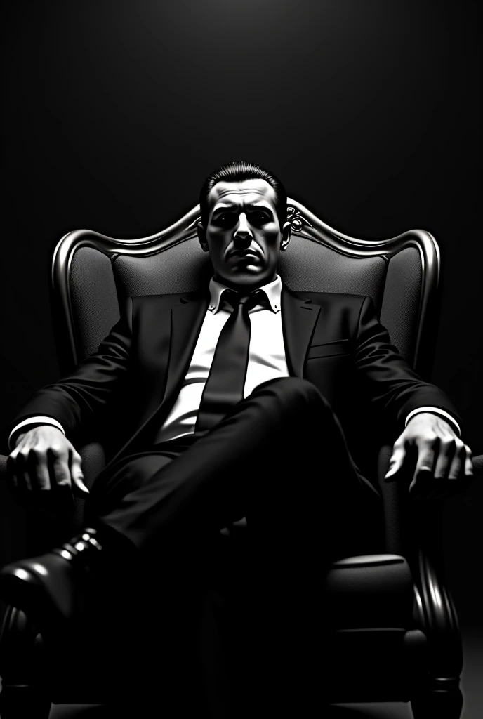 Image of a mobster sitting in his armchair wearing a suit and tie. black and white image