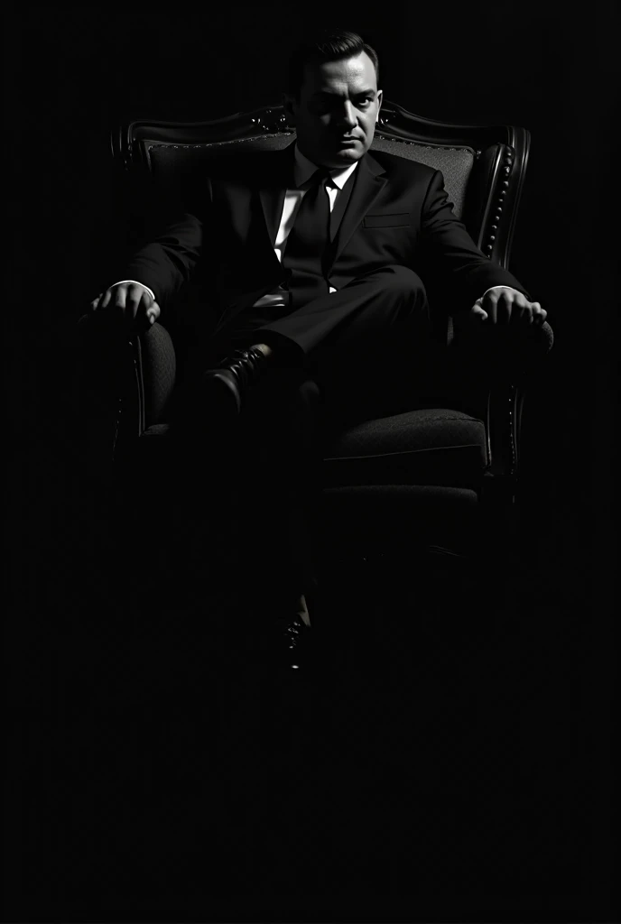 Image of a mobster sitting in his armchair wearing a suit and tie. black and white image