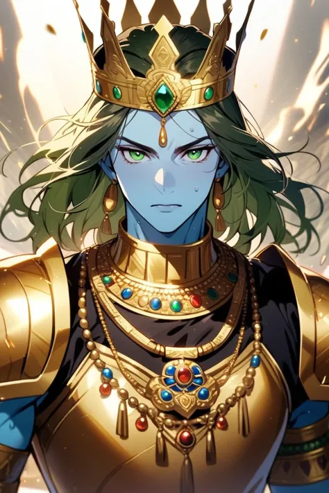 rey, man, high, strong,  beautiful, blue skin,  green eyes, golden hair, Wear the Indian black crown, Wear Indian gold armour,  wears gold necklaces and bracelets.