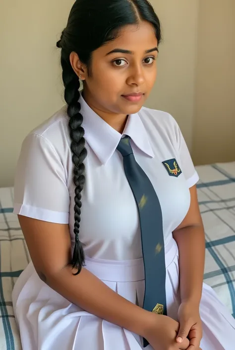 Photo of a 21 year old young faced very bbw Fat Srilankan blackest dusky skin curvy and very chubby school girl in school dress(white shirt and very short skirt),correct posture,correct anatomy, correct perfect face,sitting in bed in revealing posture 