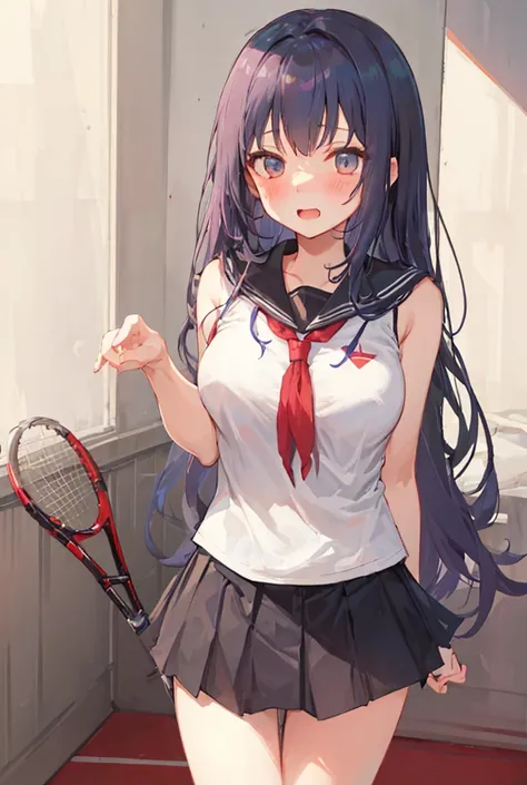 



 big breasts, blush,  blue hair, , skirt is visible,Tennis wear with ultra-mini skirt,Gal high school girl ,The transparent white top is sleeveless,My underwear is sticking out, low angle,A winning face,I'm ashamed,Bob Hair,  big breasts,  red face, Lo...