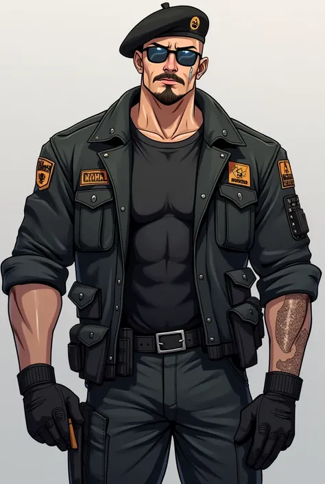 anime character, 1, 90 tall, moreno, very strong,  have a bulky goatee ,  wears dark glasses,  light brown eyes,  blue,  Black tactical pants, boot, black beret,  tear scar on the cheek, a brown cigar and tactical gloves 