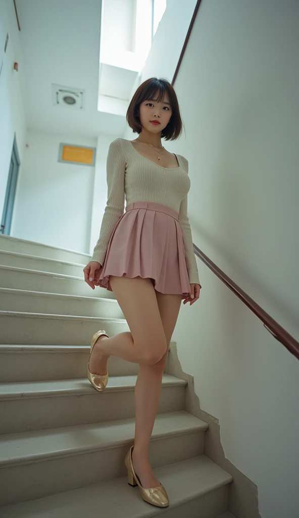 live-action、Wide staircase in an empty office 、Full body of a smiling cute teenage Japanese woman、(( photographed from below:1.6))、from below、S-shaped curve、 sexy pose with body weight on one leg、 Contra Post、Big Breasts、 Slim waist、 mini pleated skirt 、 m...