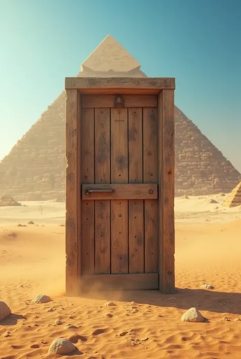 wooden door in the middle of Egypt with pyramids