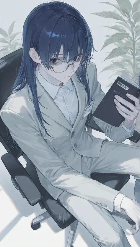 (1 man with pale dark blue hair :1.4), office background, pale colored background, detailed costume, Sunshine, dynamic angle, office suit, name card, sunshine, pants style, sitting on his work chair, white modern office, plants, office jacket, casual offic...