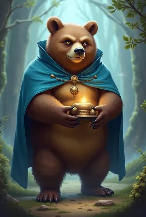 A bear holding a magic fat wearing a short blue cape and holding the hat tightly pressed