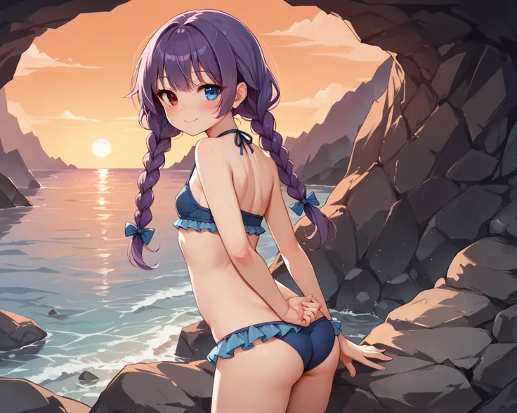 score_9_up, score_8_up, score_7_up, 1girl, solo, source_anime, Small breasts, purple hair, twin braids, (heterochromia, left red eye, right blue eye), slim body BREAK 

Blue bikini, navel, frilled bikini BREAK 

Standing, looking at viewer, hand behind bac...