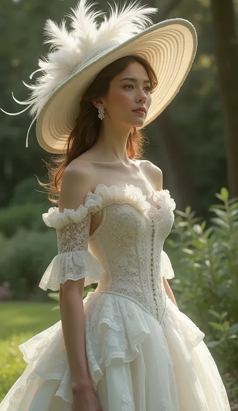 Edwardian aesthetic, Gibson Girl look – Flowing white lace gown, soft draping. S-bend corset – Emphasized the chest and curved back. Extravagant hat  with feathers and ribbons. princess, full body, hyper realism, realistic, 8k, soft light, cinematic, hyper...