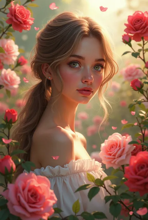 A girl with light brown hair and green eyes in a rose garden