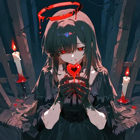  masterpiece,   better quality,  ultra-detailed,  dark costume , 748cmstyle,1 ,  holding a dripping red heart in her gloved hand,  black gothic dress , dark expression,  long dark hair with fringe ,  fragments of a broken halo above the head , dark and omi...