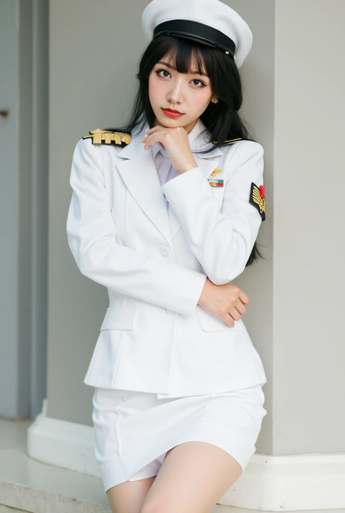 【Top resolution、Distinct_image】top-quality、​masterpiece、high-level image quality、Realisticity、Female Officer、Plain white uniform、No tie,Plain white tight skirt、military outfits、Corporal of the Navy、Naval Academy、Misa Hayase