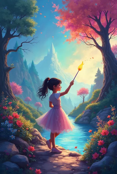 Create an illustration of The Magic Paintbrush: A Journey Through Colors, capturing Mia’s magical creations coming to life!