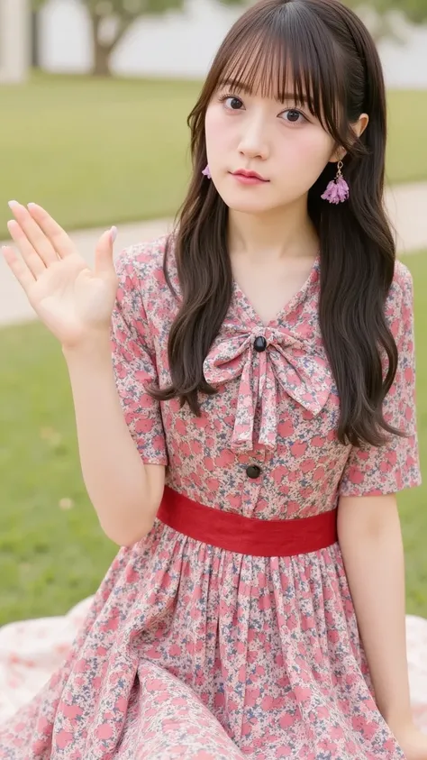 A stylish young woman with dark bobbed hair, wearing a vintage cherry-patterned dress with a red ribbon belt. She has cherry earrings and is playfully blowing a kiss while sitting on a classic picnic blanket. The background is a retro park scene with soft ...