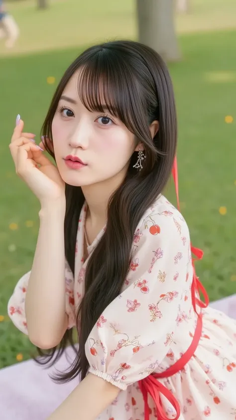 A stylish young woman with dark bobbed hair, wearing a vintage cherry-patterned dress with a red ribbon belt. She has cherry earrings and is playfully blowing a kiss while sitting on a classic picnic blanket. The background is a retro park scene with soft ...