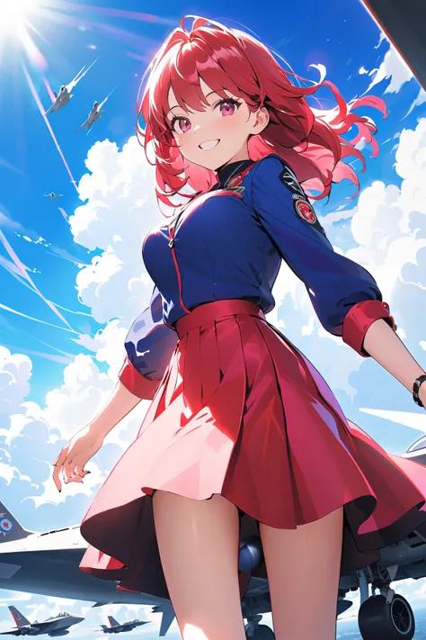 1 girl, (cute face), ager, (medium length hair), (cheerful expression), (large breasts), (dressed in a fashionable pilot's outfit with a flowing skirt), knee length, (smooth skin), 
BREAK 
Sky background, clouds, (flying in a fighter jet:1.2), (wind blowin...