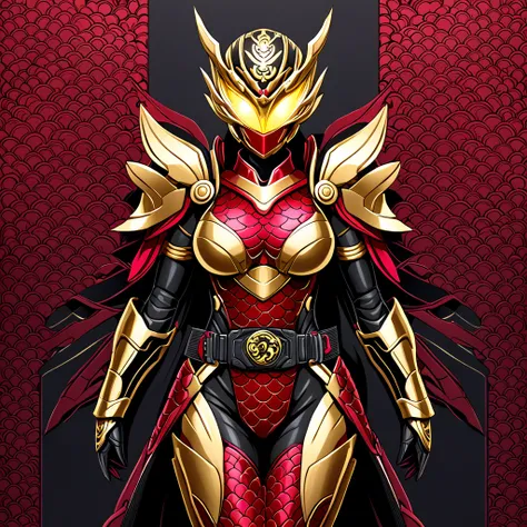  Female Superhero Wearing Full Body Armor ,  Combining traditional Japanese elements with a sophisticated and sexy design .   armor is her full body  , Includes her face ,  without revealing her skin or mouth .  The design exudes strength and elegance ,  i...