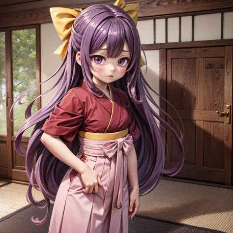 kamikazeKC, 1girl, solo, purple hair, long hair, skirt, ribbon, hair bow, hakama skirt, yellow bow, red kimono, tasuki, pink hakama,