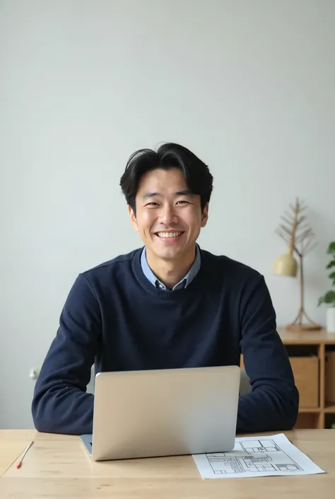 Korean male in his 40s,  Sit in an office space with a laptop on a white wall and wooden table and look at the front,  has a trusting face and white skin , Dense black hair ,  wears a clean navy knit .  A drawing is also placed on the desk to explain the i...