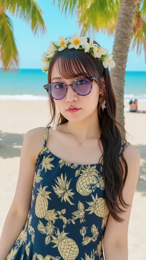 A cheerful young woman with curly, sun-kissed hair, wearing a pineapple-inspired dress with golden patterns and tropical flowers. She has pineapple-shaped sunglasses and a tropical flower crown. The background is a beach with palm trees and a bright blue s...