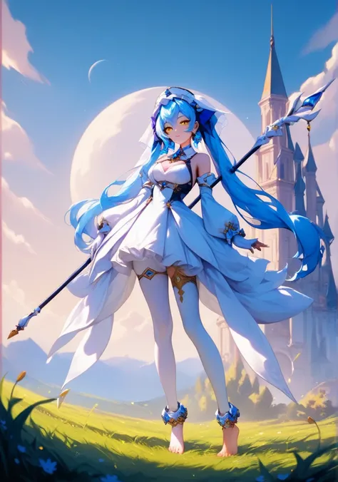 masterpiece, best quality, 1girl, solo base4zur, blue hair, very long hair, hair between eyes, yellow eyes, white veil, gold and blue hairband, detached collar, pendant, white dress, blue ribbon, clothing cutout, detached sleeves, long sleeves, white glove...