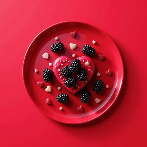 Round dessert plate with cherry background with blackberries and hearts 