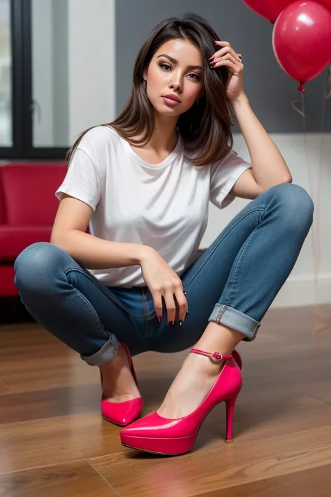 A realistic image of a young woman in casual attire, wearing fitted blue jeans and a slightly loose white T-shirt. She has long, manicured nails painted a striking red, and she is wearing elegant high heels. The focus is on her hands and feet as she pops a...